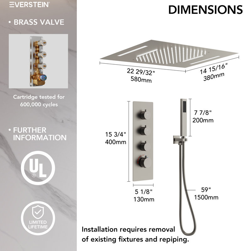 Système de douche à pluie thermostatique à DEL, pomme de douche à fixation au plafond avec douchette, Nickel brossé