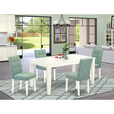 5 Piece Table Set contain A Modern Table and 4 Willow Green Polyester Fabric Dining Room Chairs, Linen White