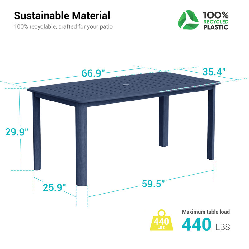 Table de jardin rectangulaire en PEHD avec trou pour parasol, bleu marine., Marine