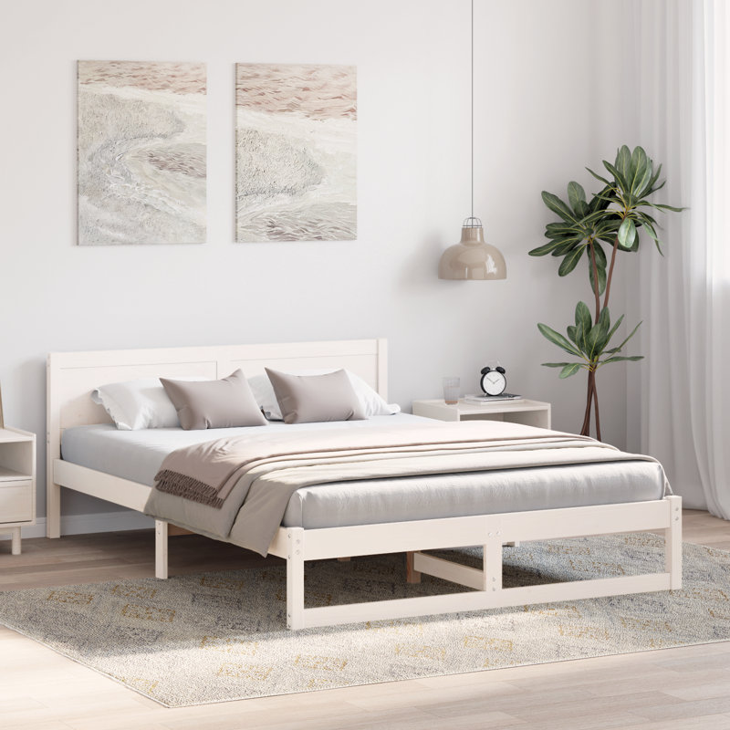 Bed Frame with Headboard Solid Pine Wood, European Kingsize (160 x 200 cm), White