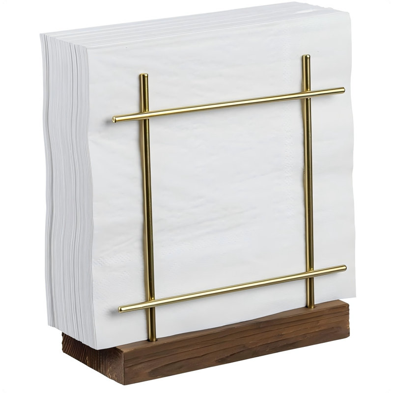 Napkin Holders For Table , Kitchen, Brass,Tone Wire Metal Napkin Dispenser With Wood Base, Modern Farmhouse Tabletop Dining Decor For Home,Cafe,Restaurant