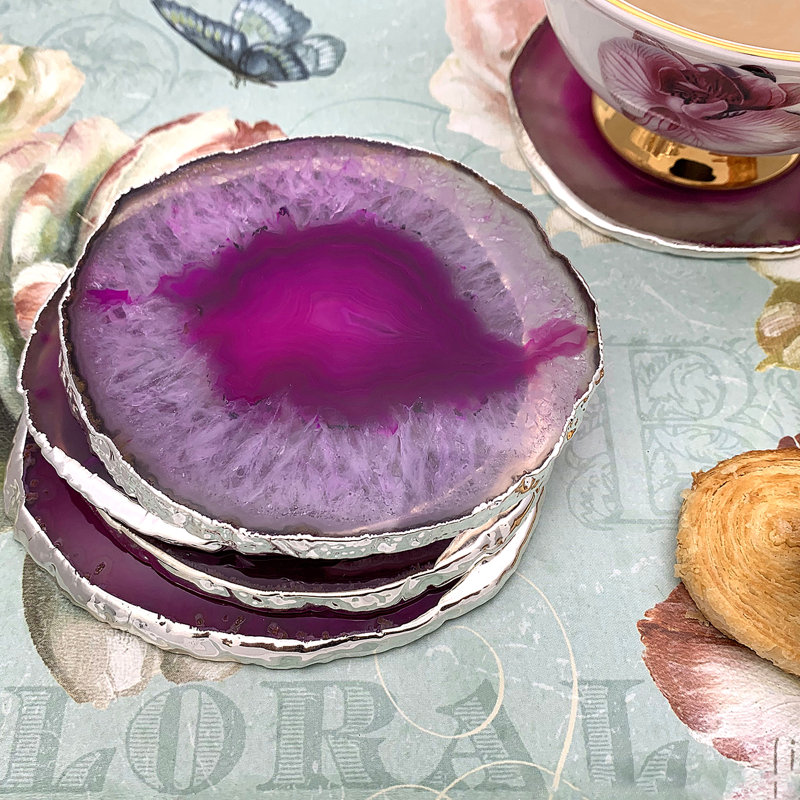 Pink Natural Agate Rock Coasters, Kitchenware Home Décor, Dark Pink/Silver