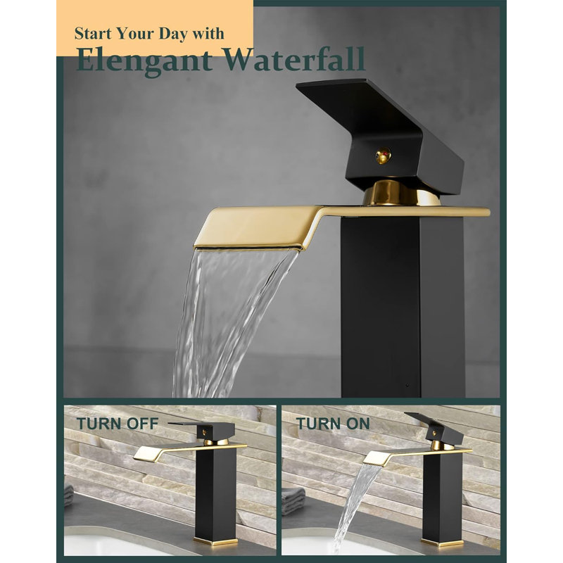 7.37'' Tall Single-Hole, Stainless Steel Waterfall Bathroom Sink Faucet in Matte Black & Shiny Gold for Bath.