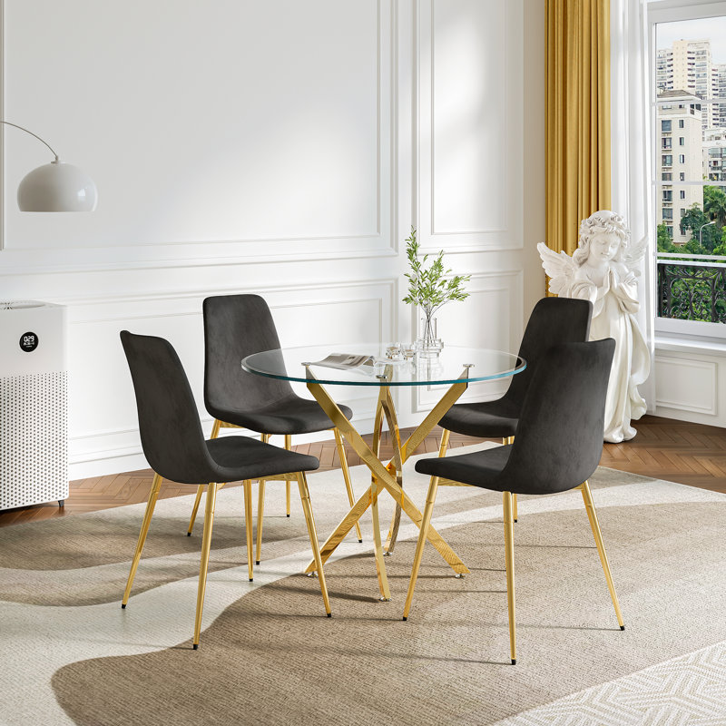 36" Round Glass Dining Set, Modern Cross Stainless Steel Base and 4 Velvet Upholstered Dining Chairs, Gold, Black/Gold