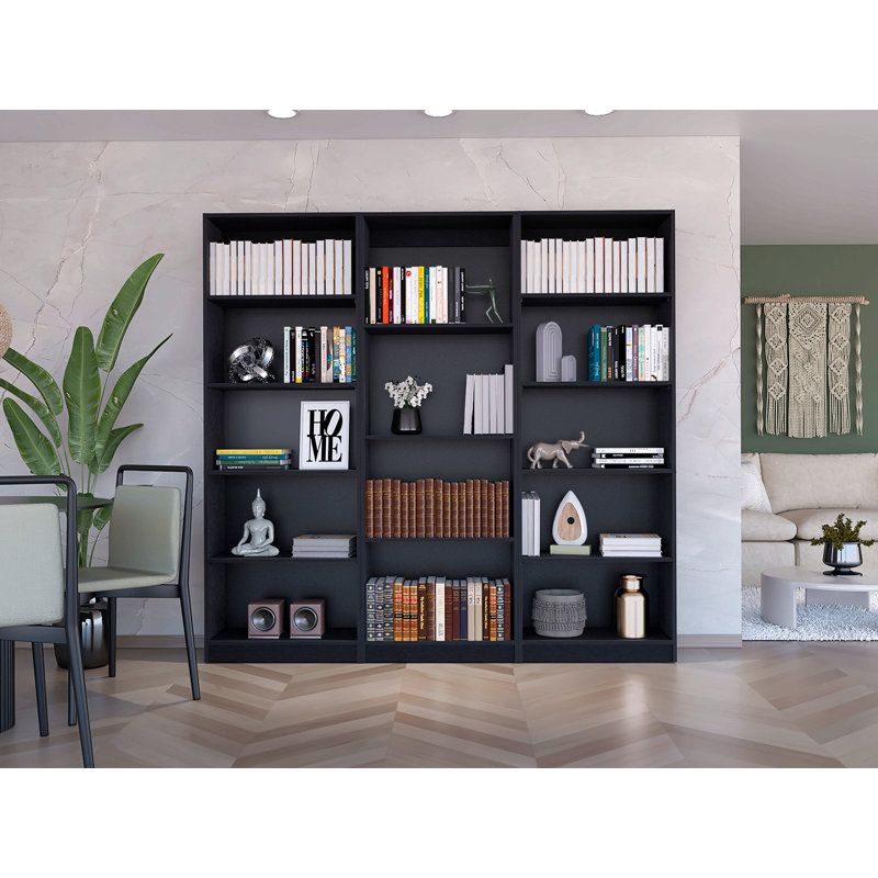 Ensemble de bibliothèque 3 pièces, 74 po de large avec 14 tablettes, ensemble de salon, Black, 3