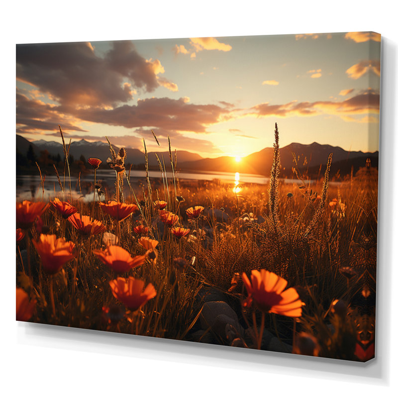 Sunset Golden Meadows - Landscape Sunset Canvas Wall Art, Toile tendue, H 30 po x l 40 po x P 1,5 po