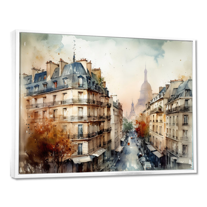 Aquarelle de Paris, France I sur impression sur toile, H 30 po x l 40 po x P 1,5 po, Cadre flottant blanc