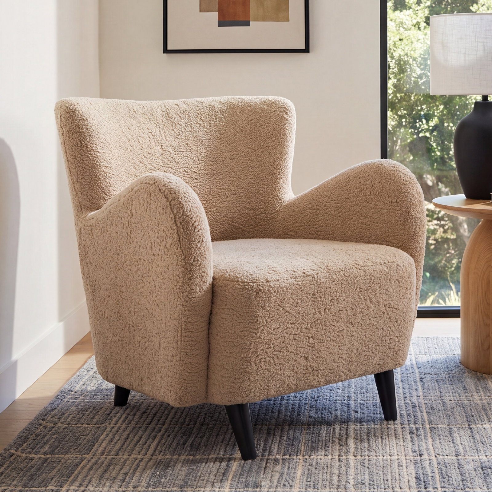 Bowie Upholstered Armchair, Light Brown Faux Lambs Wool