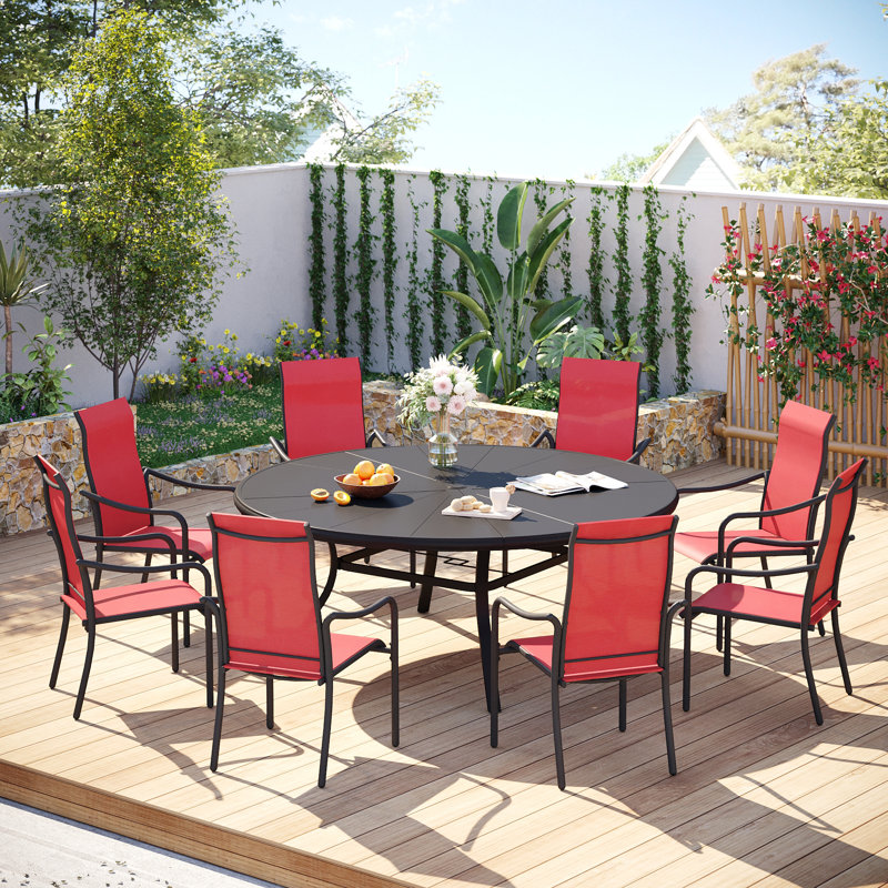 Ensemble repas pour 8 personnes avec table de salle à manger en aluminium 60 po et 8 chaises empilables, Brun