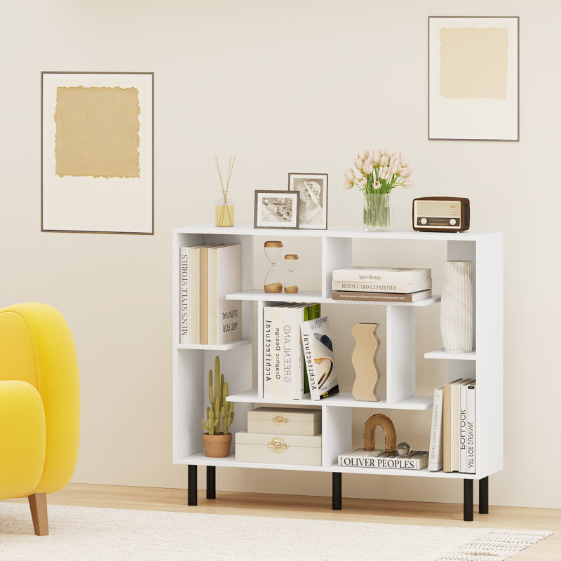 Open Bookshelf Modern Geometric Bookcase, White