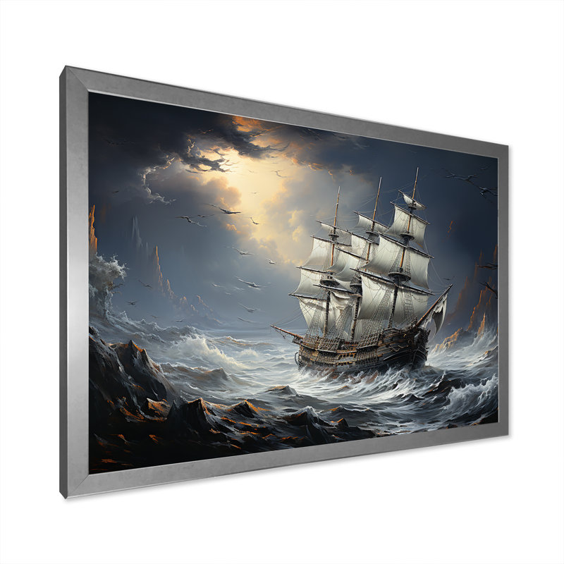 Pirate Ship At Stormy Seas I On Canvas Print, 30" H x 40" W x 1.5" D, Black Single Picture Framed