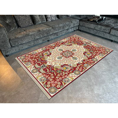 Tapis à motif numérique rétro tissé beige et rouge