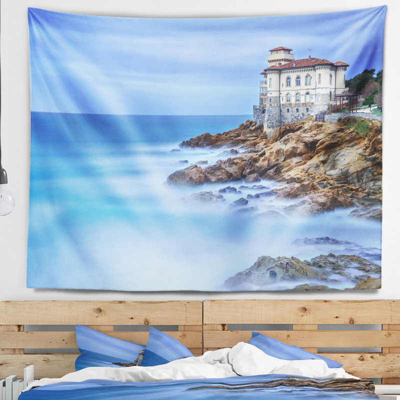 Magnifique tapisserie de paysage marin italien, H 68 po x l 80 po