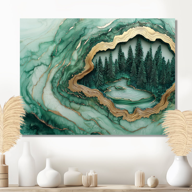 Paysage de forêt hivernale avec rivière Emerald II - impression murale en métal forêt, 12" H x 20" W