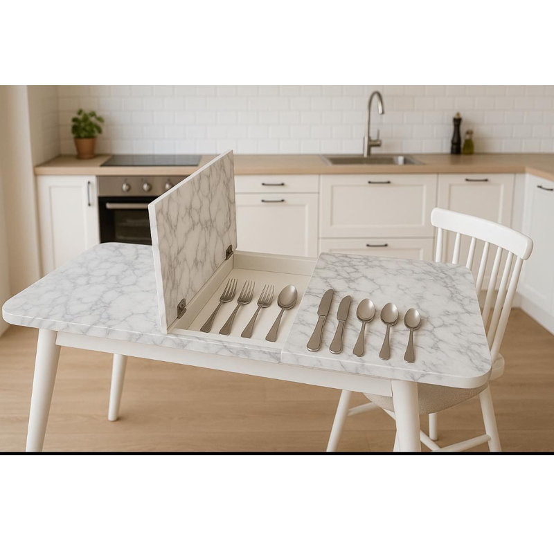 Ensemble de table de salle à manger extensible Elegant (5 pièces), 100% bois de hêtre et panneau de fibres à densité moyenne résistant aux rayures, blanc | Table: 51,2 po x 29,5 po x 31,5 po (ouverture: 63,0 po) | 4 chaises: 17,3 po x 36,2 po x 17,3 po, parfaites pour les espaces de salle à manger modernes