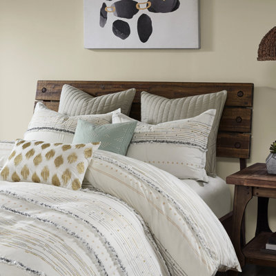 Housse de couette pour lit double / grand en coton avec motif imprimé - bordure à rayures à pampilles