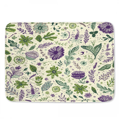 Purple Green Floral Illustration Bath Mat