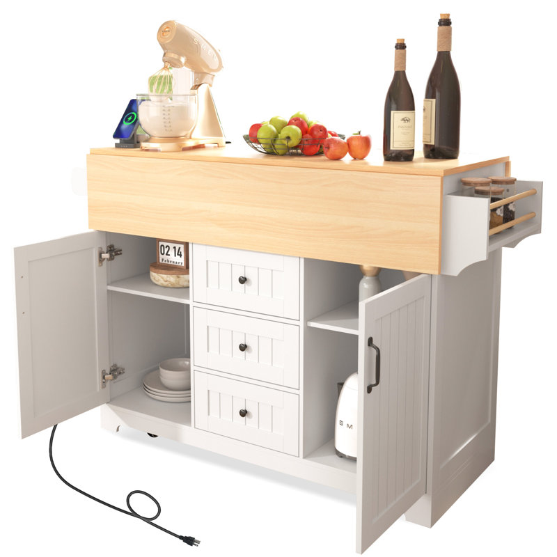 Large Kitchen Island With Drop Leaf, 5 Rolling, Power Supply, Folding Table, 3 Drawers, Spice & Towel Rack, White 55.7'' Rolling 2 Electrical Outlet, Storage