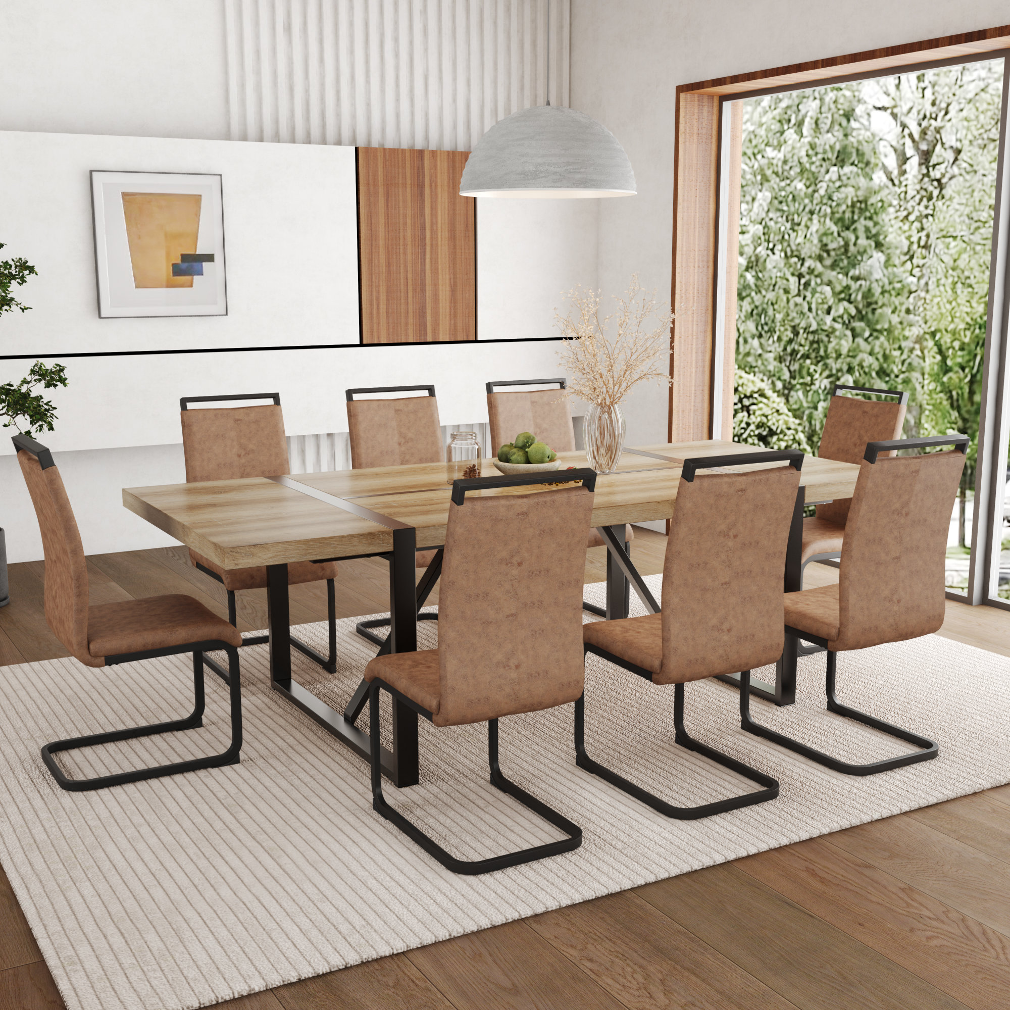 17 Stories 87 Inch Wood Dining Table Set With PU Leather Upholstered ...