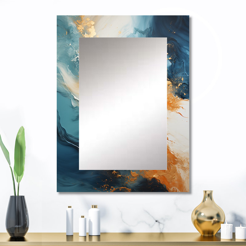 Miroir mural moderne, bleu turquoise et doré, impression sur métal, 32 po x 24 po