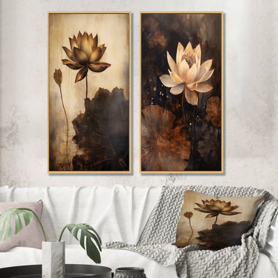 Rustic Lotus Serenity - Lotus Canvas Wall Art Set Of 2