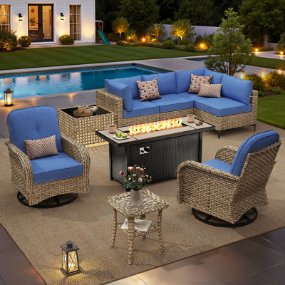 Sturgill 9-Piece Wicker Outdoor Sectional Seating Group With Lighted Coffee Table And Swivel Rocker Chairs,All Weather Patio Modular Conversation Set With Propane Fire Pit Table