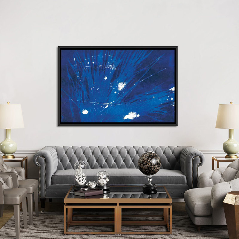 « indigo burst ii », reproduction sur toile, H 18 po x l 26 po x P 1,5 po, Toile avec cadre noir, Pas de tapis