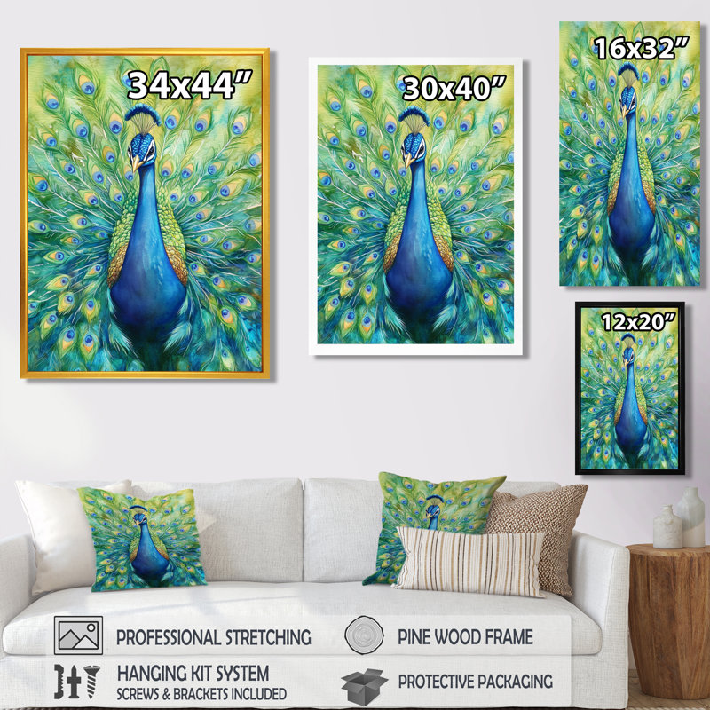 Décoration murale encadrée avec des plumes de paon bleu-vert, H 44 po x l 34 po, Black Picture Framed