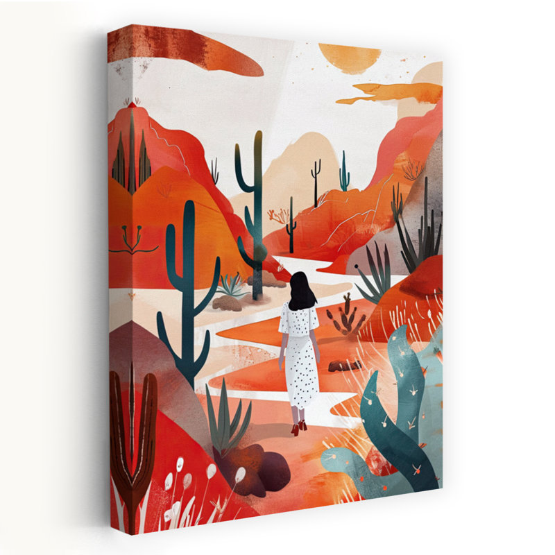 «Woman's Desert Journey», art paisible, paysage paisible de montagne avec cactus serein, H 36 po x l 24 po