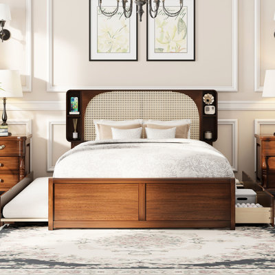 Elegant Queen Size Bed With Headboard, Two Convenient Storage Drawers And Trundle In Walnut Eye-Catching