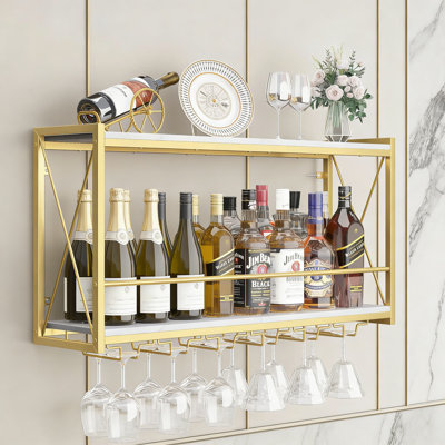 Wall Mounted Wine Rack With Glass Holder, 2 Tier Industrial Rustic Shelf For Wine Bottle Storage, Kitchen, Dining Room, Or Home Bar Decor