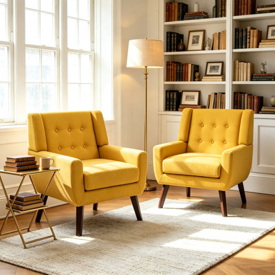 Davey Upholstered Yellow Linen Blend Tufted Wide Back Armchair with Solid Wood Leg