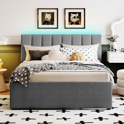 Lit plateforme tapissier en molleton gris moderne Modern
