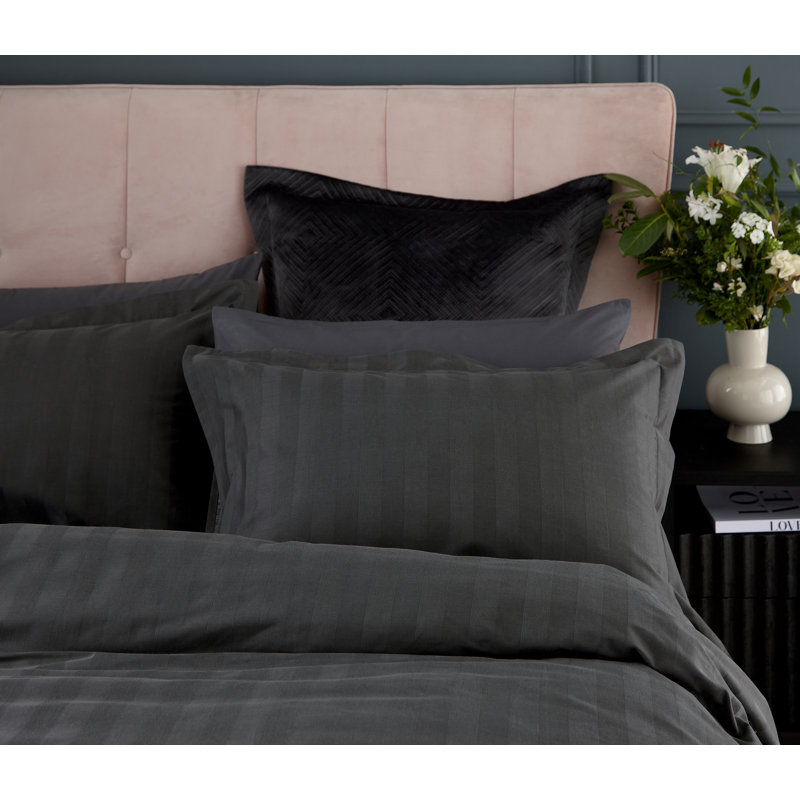 Modern Satin Stripe Cotton Duvet Cover Set, Dark Grey, Kingsize