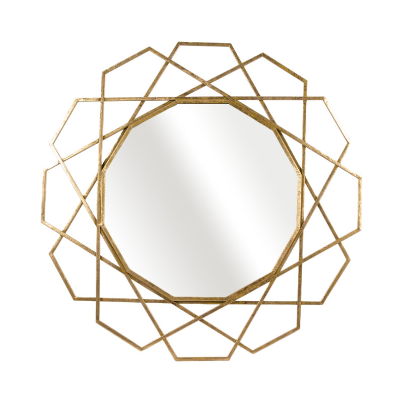 Hesiodos Modern Round Mirror with Geometric Layered Iron Frame, Metal and Glass Wall Decor Accent for Contemporary Interiors