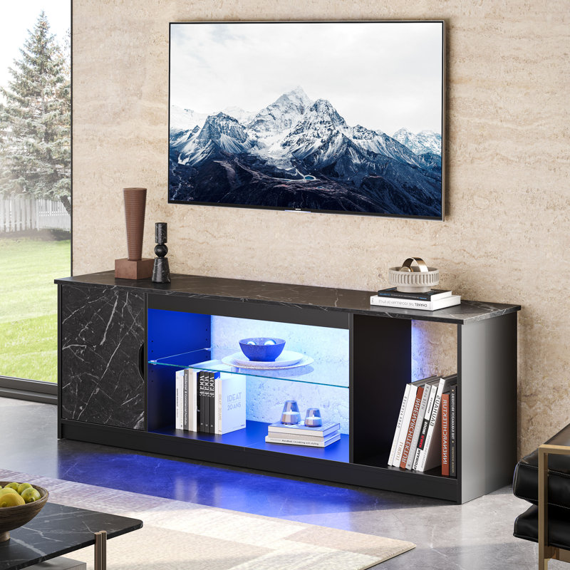 Benigno 58" Media Console, LED TV Stand for 65 Inch TV, Gaming Entertainment Centre for PS5 with Glass Shelf, Black Marble