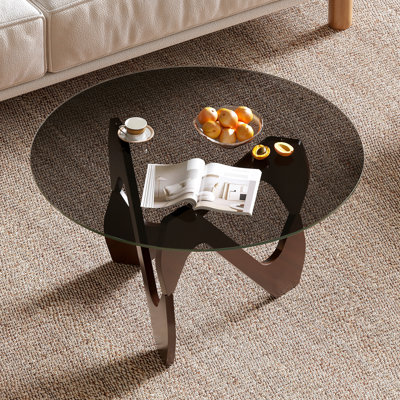 Mid-Century Coffee Table with Solid Wood Legs, Tempered Smoke Glass Top Circular Lounge Table