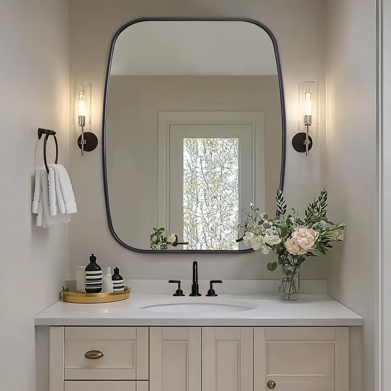 Miroir de salle de bain contemporain | Cadre épais en acier inoxydable, 36 po x 28 po, Noir mat