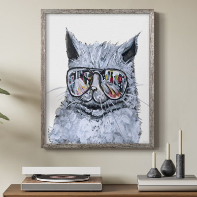 «Kitty with Shades», reproduction encadrée - bois massif