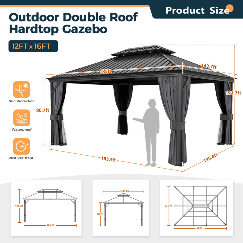 HAPPATIO 12 Ft W x 16 Ft D Hardtop Double Roofed Aluminum Patio