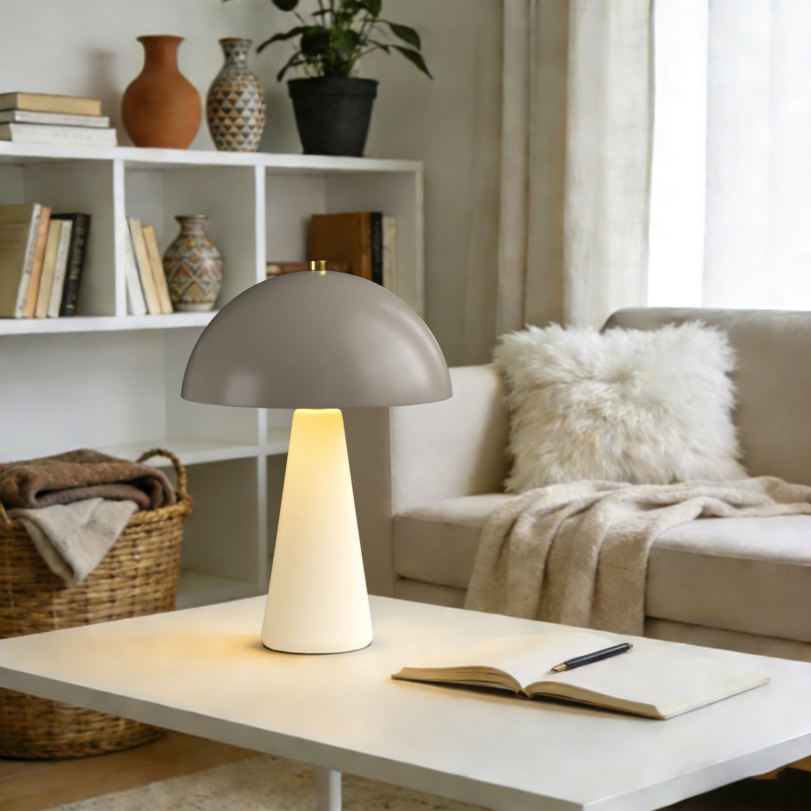 Fistes 17.8" Modern Scandinavian Ceramic Mushroom Table Lamp Soft Ambient Light for Bedroom and Living Room, Off-White/Brown