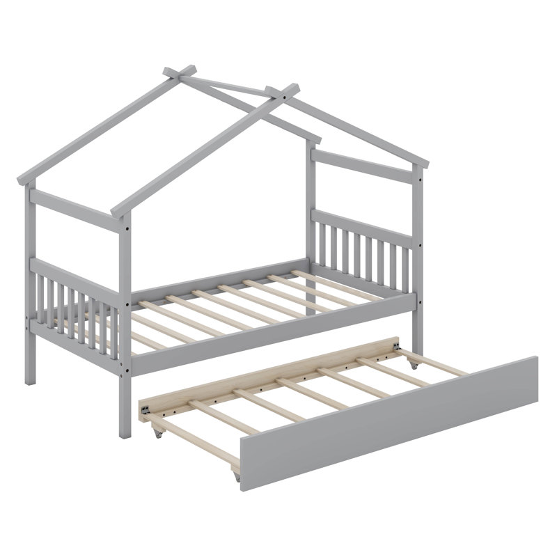 Annais Wooden House Bed with Trundle, Full, Gray