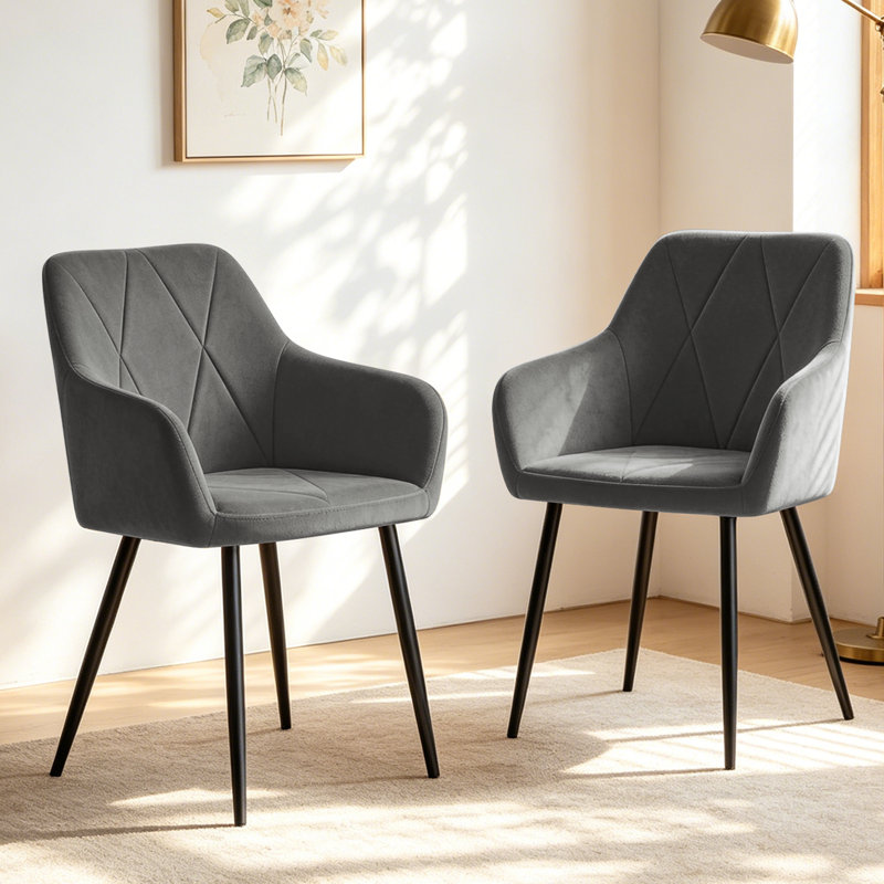 Wide Back Velvet/Suede Dining Chair with Diamond Tufting and Armrests, Velvet Grey