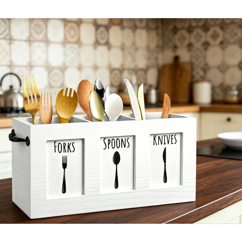 Porte-couverts en bois pour ustensiles rustique, White