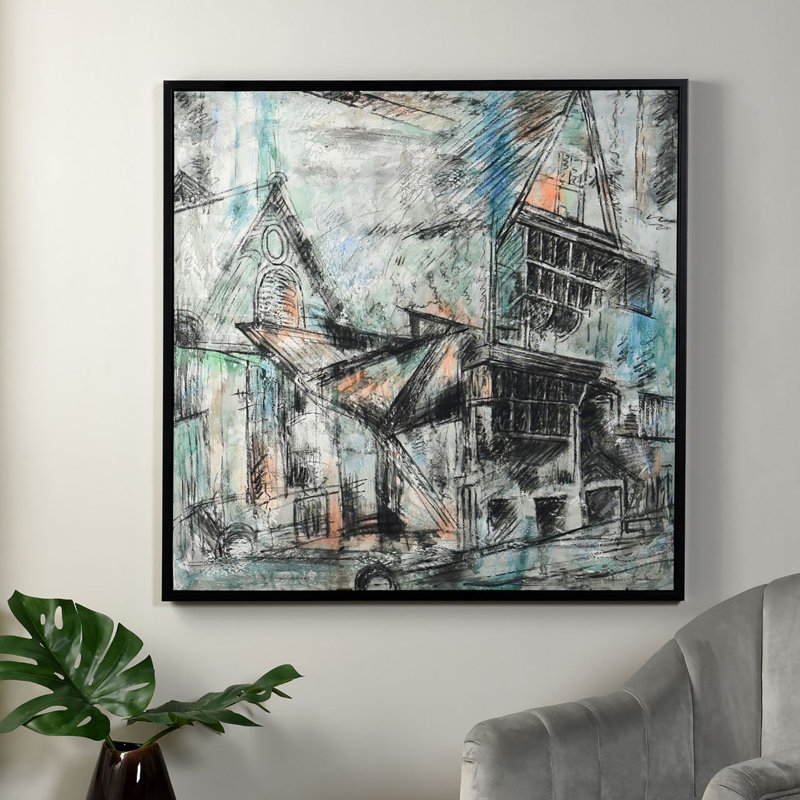 Croquis de rue - peinture à la main sur toile - 42 po x 42 po - cadre noir