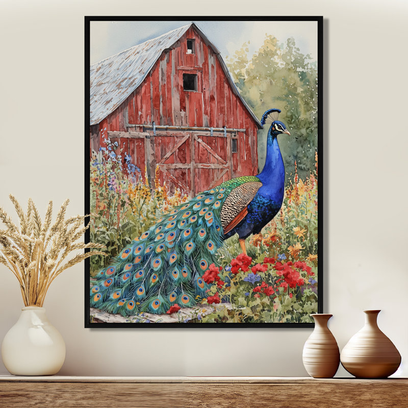 «Ickes Peacock At The Farm Garden I», art mural oiseau, Black, Impression encadrée flottante, H 20 po x l 12 po