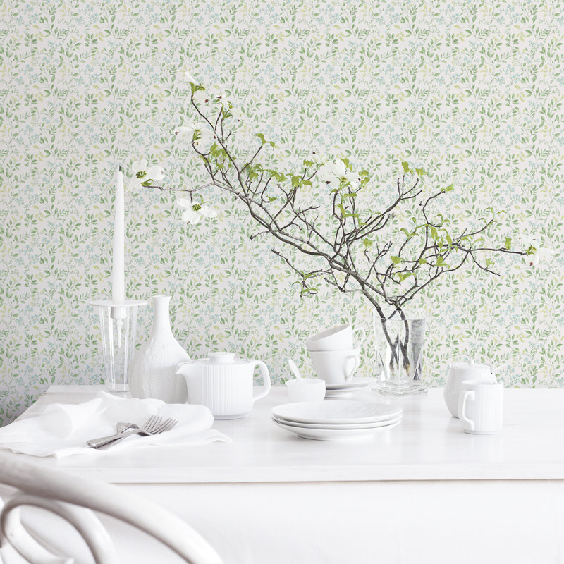 Wendi Spring Leaf Trail 10m X 53cm Wallpaper Roll, Green/Blue