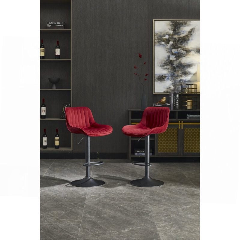 Tabouret de bar chromé à hauteur réglable avec repose-pieds et base pivotants en chrome, ensemble de 2, Noir, Rouge