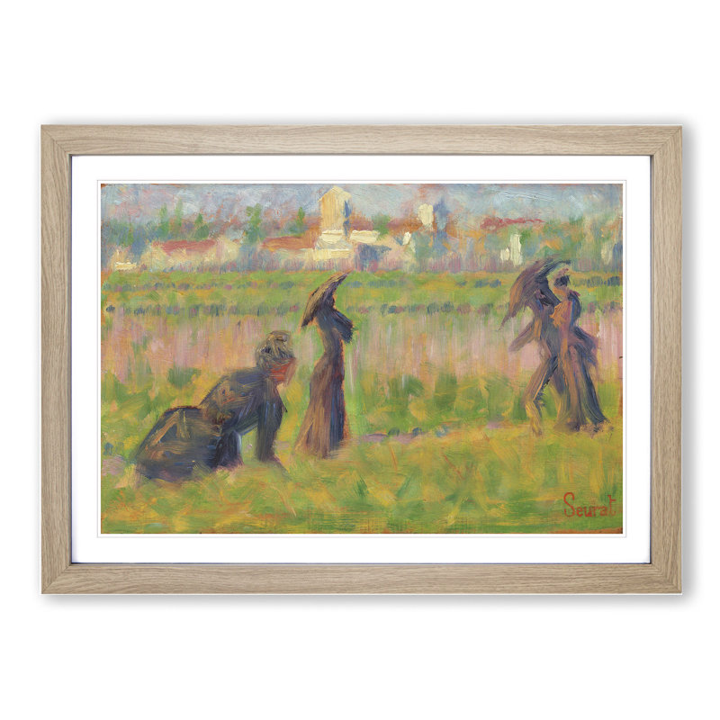 Figures in a Landscape by Georges Seurat - Picture Frame Painting on MDF, Oak Framed, 48cm H x 65cm W x 2cm D