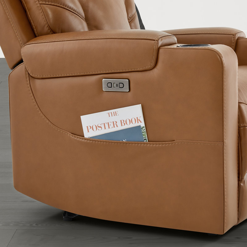 American Modern Power Recliner With Top-Grain Leather, Cup Holders, USB, And Wall Hugger Design, Saddle Top Grain Leather